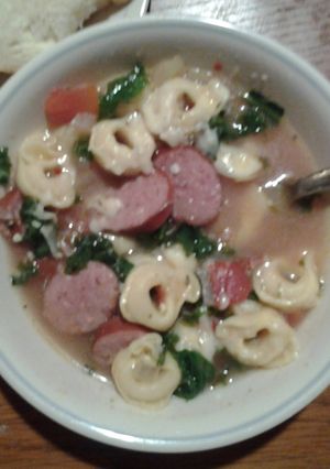 A picture of Tortellini kielbasa soup.