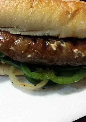 A picture of Italian Sausage and Peppers Sandwich.
