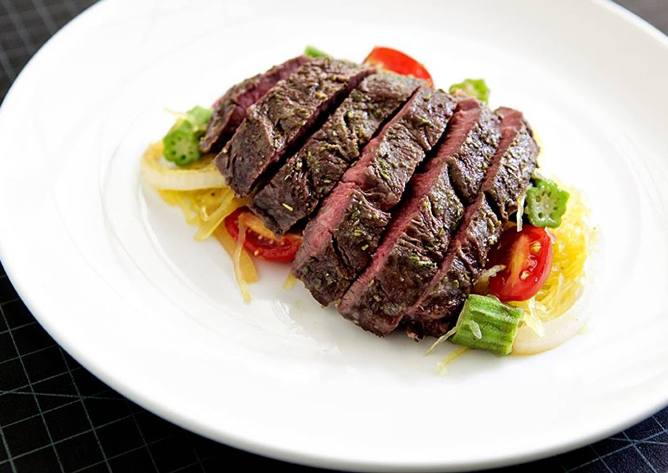 Roasted Hanger Steak with Spaghetti Squash and Okra Sauté