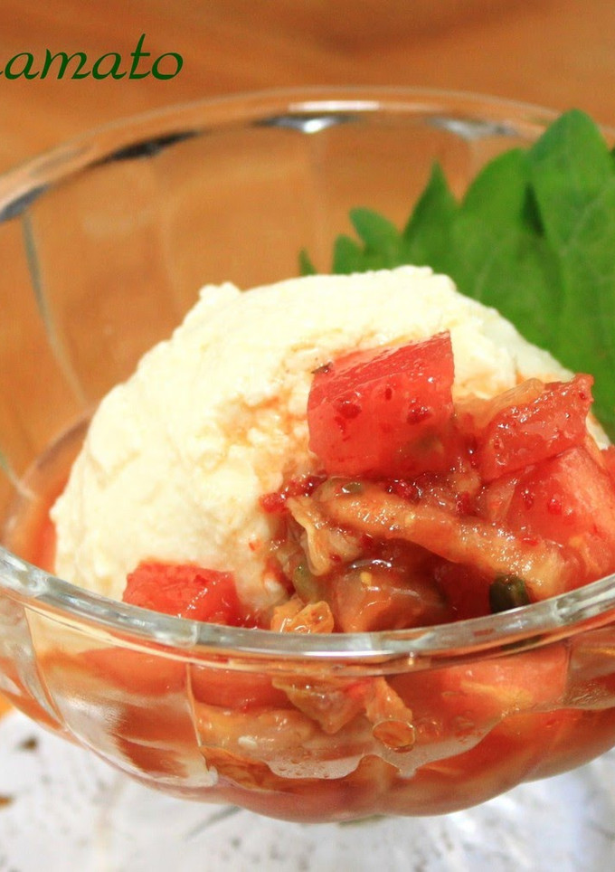 A picture of Chilled Tofu with Tomato and Kimchi for the Summer.