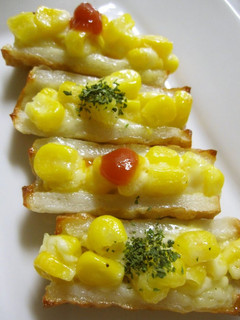 A picture of Chikuwa Fishcake Sticks with Mayonnaise and Corn.