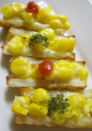 A picture of Chikuwa Fishcake Sticks with Mayonnaise and Corn.