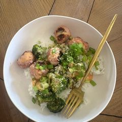 A picture of Firecracker Meatballs with Coconut Rice.