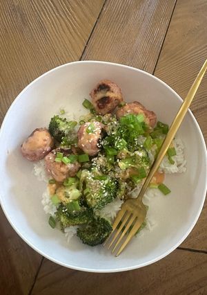 A picture of Firecracker Meatballs with Coconut Rice.