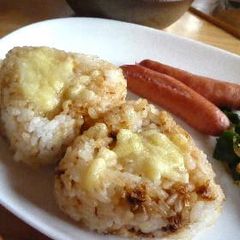 A picture of Easy Broiled Onigiri with Bonito Flakes and Cheese.