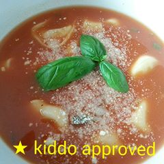 A picture of Easy 5 Cheese & Herb Tortellini Tomato Soup (kiddo approved).