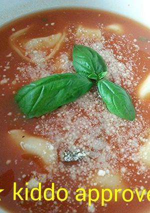 A picture of Easy 5 Cheese & Herb Tortellini Tomato Soup (kiddo approved).