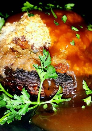 A picture of Mike's EZ Sausage Stuffed Portobello Mushrooms.