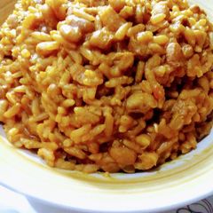 A picture of Jollof Rice and Beans.