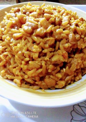 A picture of Jollof Rice and Beans.