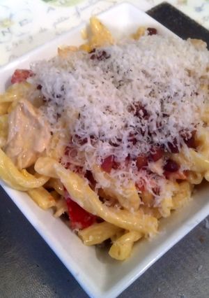 A picture of Turkey with pointed peppers, creme fraiche and pasta..