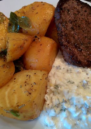 A picture of Fillet Steak with Roasted Beets and Zingy Cottage Cheese.