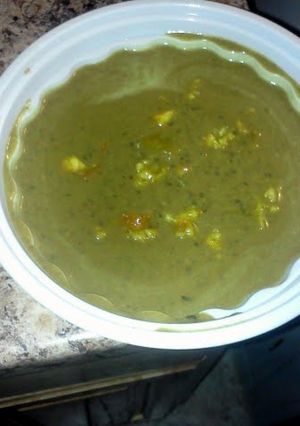 A picture of Black Bean Coconut Soup w/Shrimp.