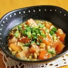 A picture of Natto with Tomato, Olive Oil, and Ponzu.