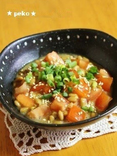 A picture of Natto with Tomato, Olive Oil, and Ponzu.