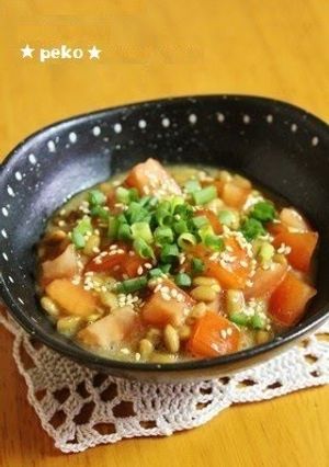 A picture of Natto with Tomato, Olive Oil, and Ponzu.