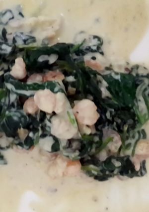 A picture of Creamed Spinach and Shrimp.