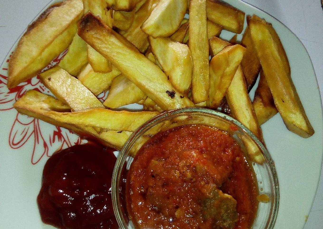 Fried Sweet potatoes, Beef stew and Ketchup