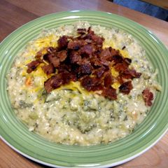 A picture of cheddar broccoli rice soup.