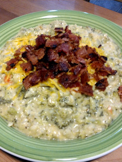A picture of cheddar broccoli rice soup.