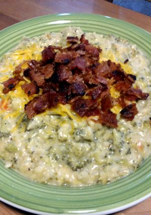 A picture of cheddar broccoli rice soup.