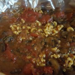 A picture of Macaroni with Tomatoes and Mushrooms From the Settlement Cookbook-1965.