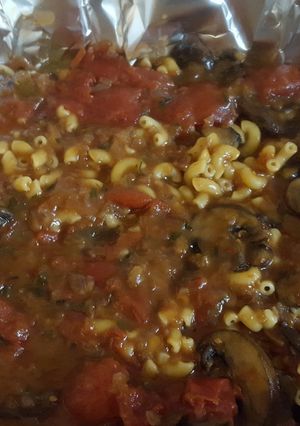 A picture of Macaroni with Tomatoes and Mushrooms From the Settlement Cookbook-1965.