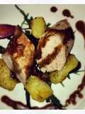 Pork fillet with crushed potatoes and balsamic dressing