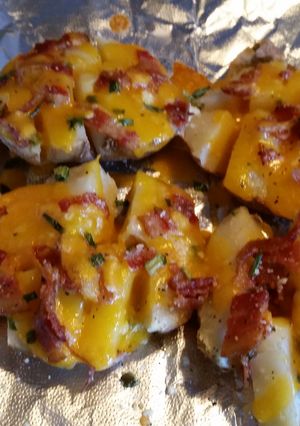 A picture of Potato skins with the works..