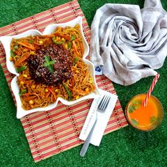 Stirfry veggies pasta with honey BBQ meatball sauce A picture of Stirfry veggies pasta with honey BBQ meatball sauce.
