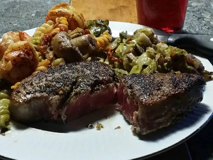 Easy Way Prepare Brad&amp;#39;s Blackened ahi with prawn buttered pasta and sautéed Brussels which Delicious