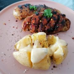 A picture of Honey and Mustard Glaze chicken with jacket potato.