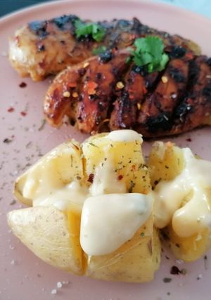 A picture of Honey and Mustard Glaze chicken with jacket potato.