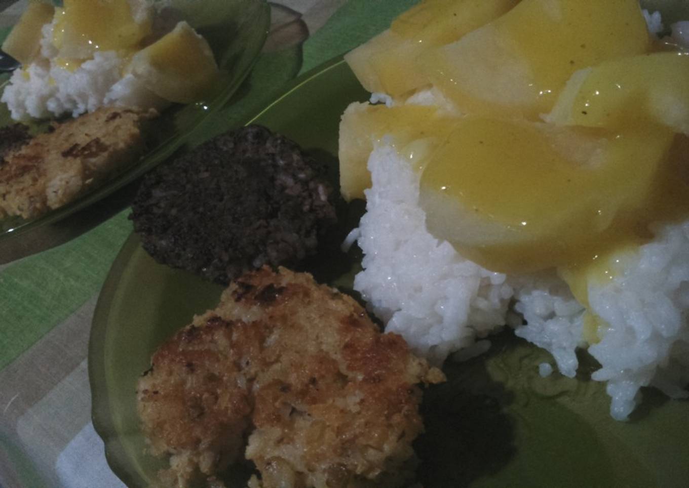 Papas a la mostaza con arroz & croquetas de arroz y legumbres (vegan)!