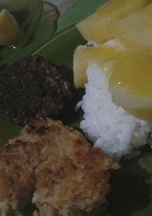 Una foto de Papas a la mostaza con arroz & croquetas de arroz y legumbres (vegan)!