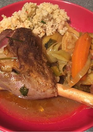 A picture of Lamb shank tagine (cooked in a tagine pot).