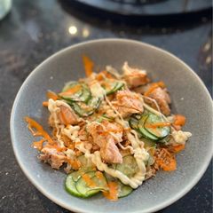 A picture of Crispy Rice Hot Smoked Salmon Salad with Kimchi.