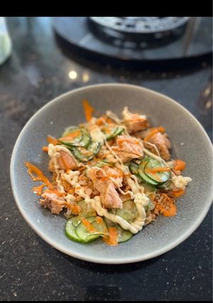 A picture of Crispy Rice Hot Smoked Salmon Salad with Kimchi.