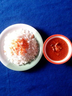 A picture of Beef stew with Garnish white rice.