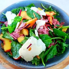 A picture of Yellow Peach with Smoked Ham Salad.