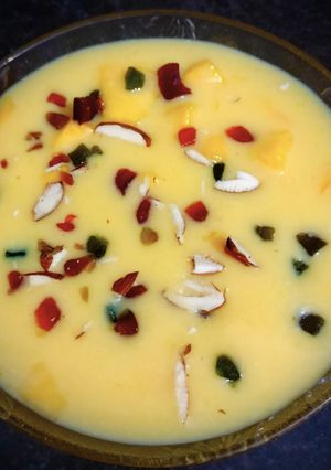 A picture of Kesar Mango milk custard.