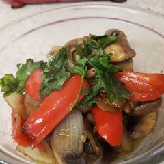 A picture of My Simple Garlic & Chilli Mushrooms, Onion And peppers. 😀.