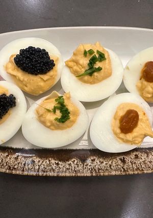 A picture of Spicy Deviled Eggs - A Classic that still makes me Smile and the Kids love them !!!! - ENJOY :P.