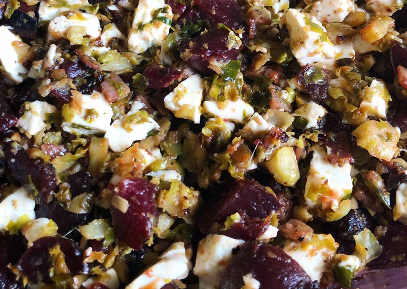 Roasted Shaved Brussels Sprouts, Beets, Turkey Bacon and Fresh Mozzarella Curd