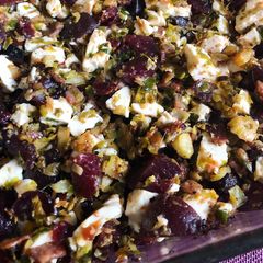 A picture of Roasted Shaved Brussels Sprouts, Beets, Turkey Bacon and Fresh Mozzarella Curd.