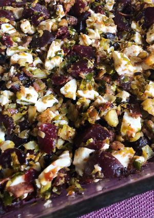 A picture of Roasted Shaved Brussels Sprouts, Beets, Turkey Bacon and Fresh Mozzarella Curd.