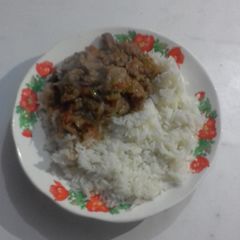 A picture of Boiled rice served with beef stew.