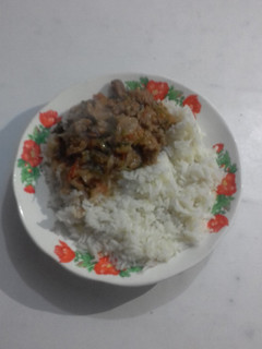A picture of Boiled rice served with beef stew.
