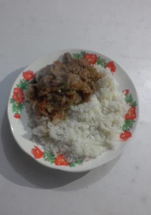 A picture of Boiled rice served with beef stew.