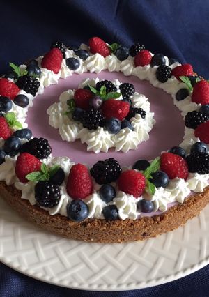 A picture of Cake with Blueberry Panna Cotta and Mixed Berries.